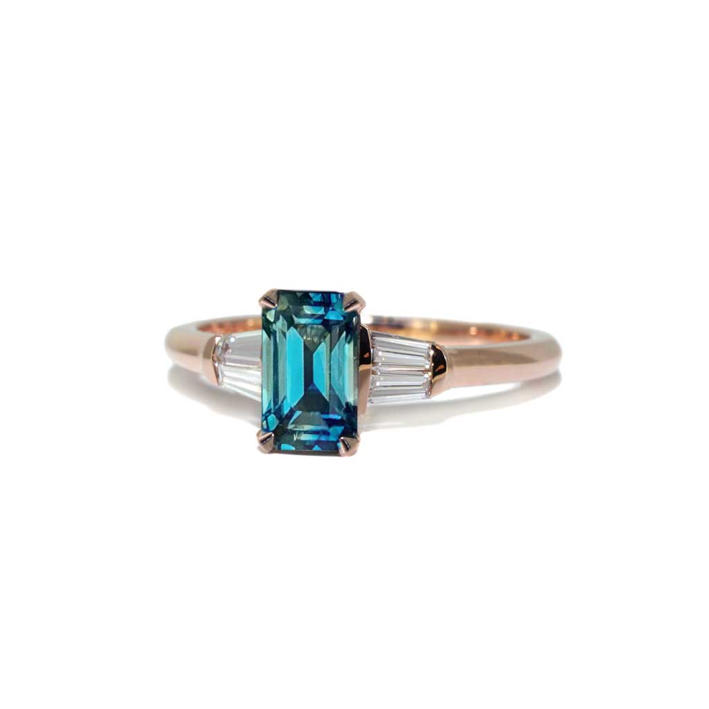 Emerald cut teal sapphire diamond engagement ring Lizunova Sydney jeweller Australia