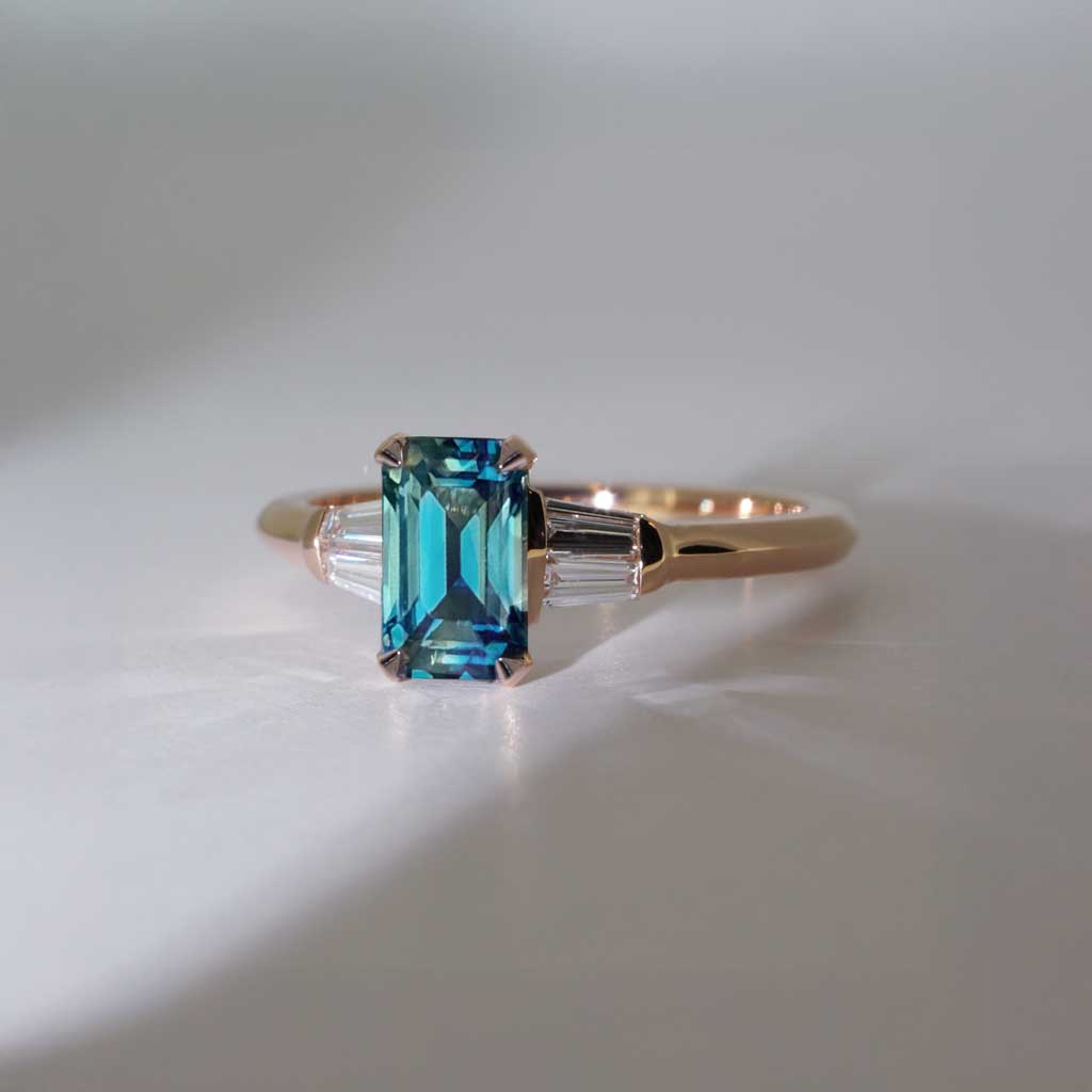 Lucca | Emerald cut teal sapphire engagement ring