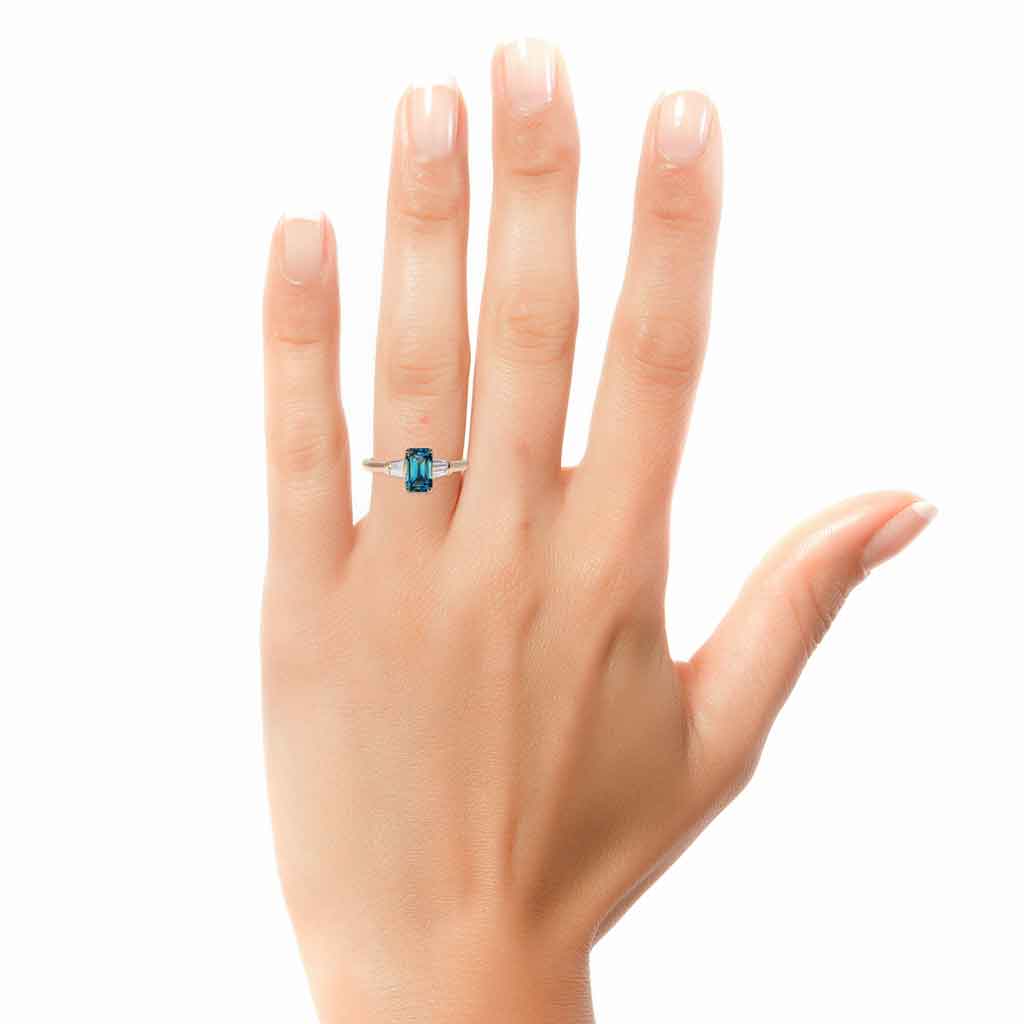 Emerald cut teal sapphire diamond engagement ring Lizunova Sydney jeweller Australia