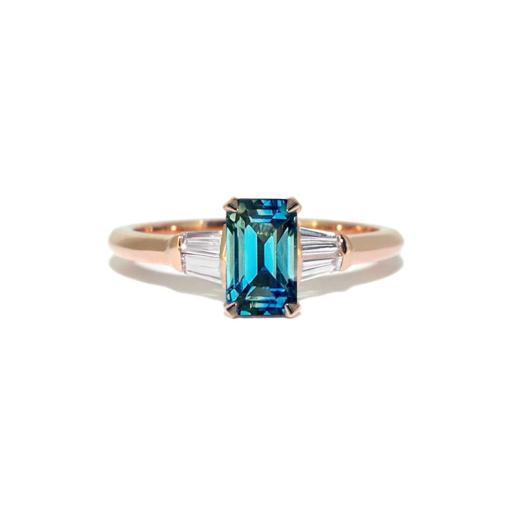 Emerald cut teal sapphire diamond engagement ring Lizunova Sydney jeweller Australia