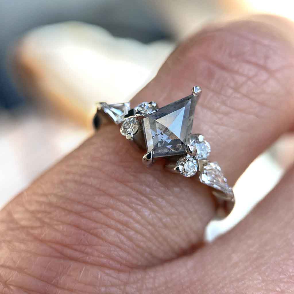 Kite shaped salt & pepper diamond engagement ring with round and kite white diamonds, handcrafted in Sydney in platinum