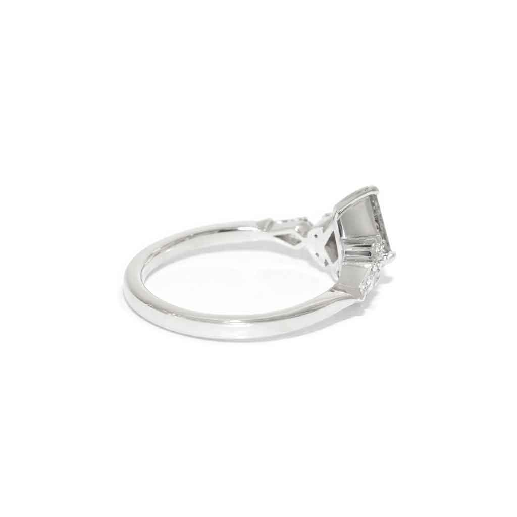 Kite shaped salt & pepper diamond engagement ring with round and kite white diamonds, handcrafted in Sydney in platinum