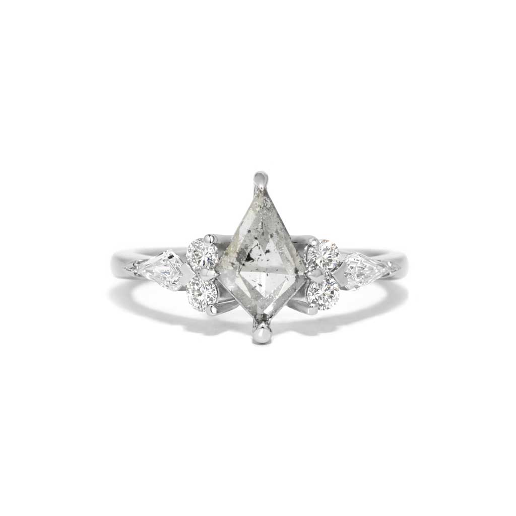 Kite shaped salt & pepper diamond engagement ring with round and kite white diamonds, handcrafted in Sydney in platinum