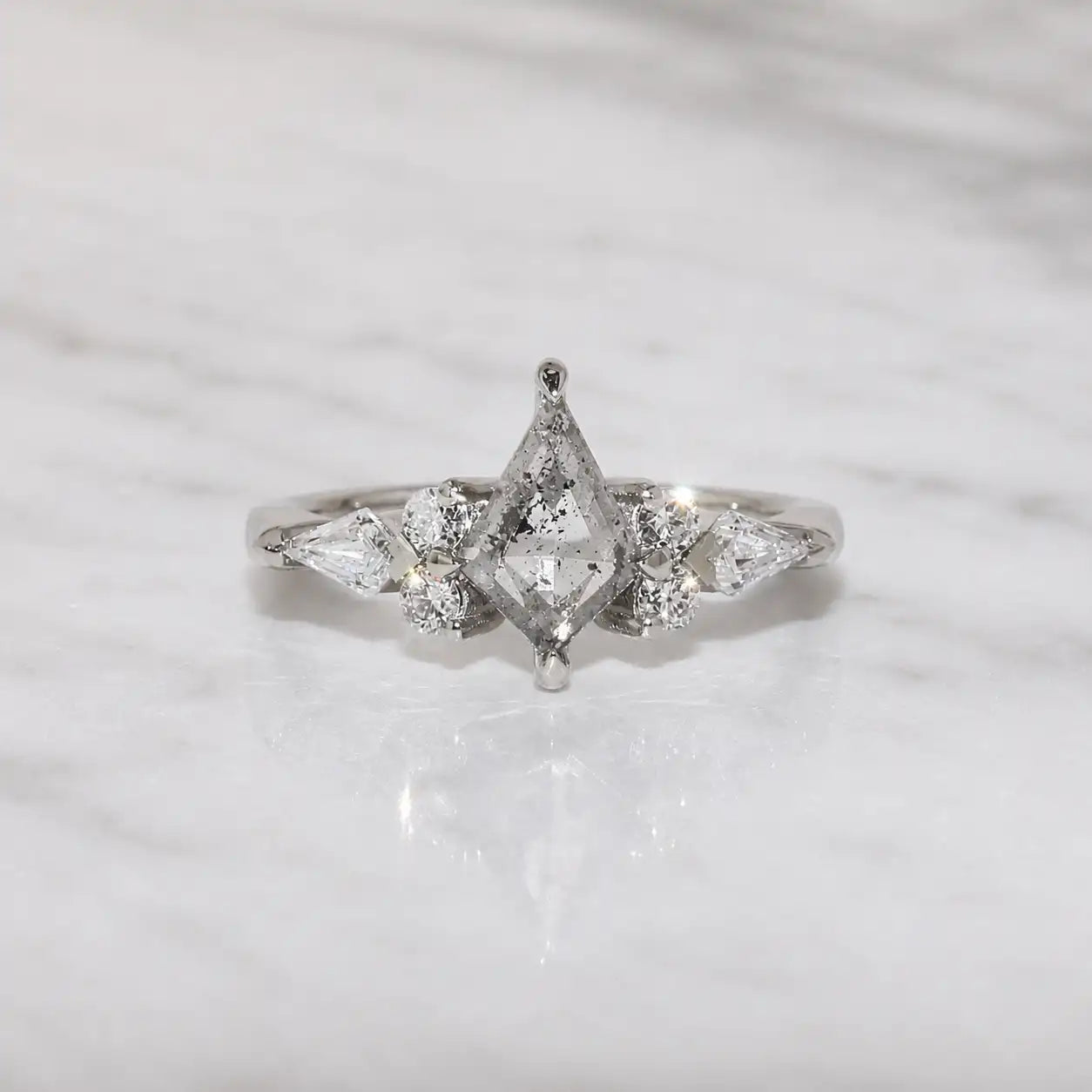 Kite shaped salt & pepper diamond engagement ring with round and kite white diamonds, handcrafted in Sydney in platinum