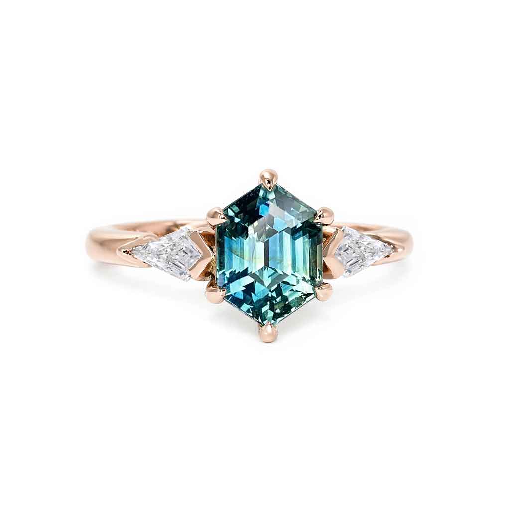 Maddie - Hexagon teal sapphire & kite diamond trilogy engagement ring - Lizunova