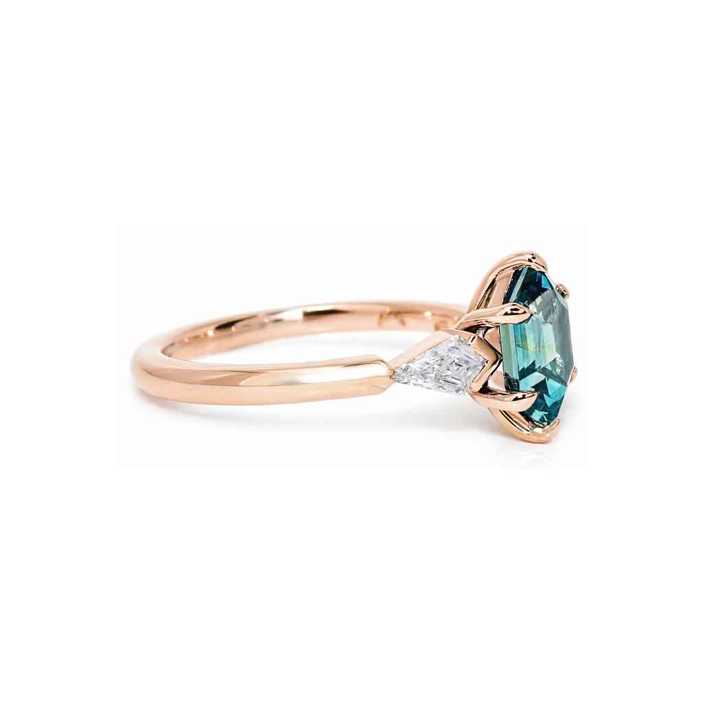 Maddie - Hexagon teal sapphire & kite diamond trilogy engagement ring - Lizunova