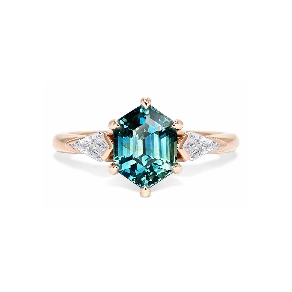 Maddie - Hexagon teal sapphire & kite diamond trilogy engagement ring - Lizunova