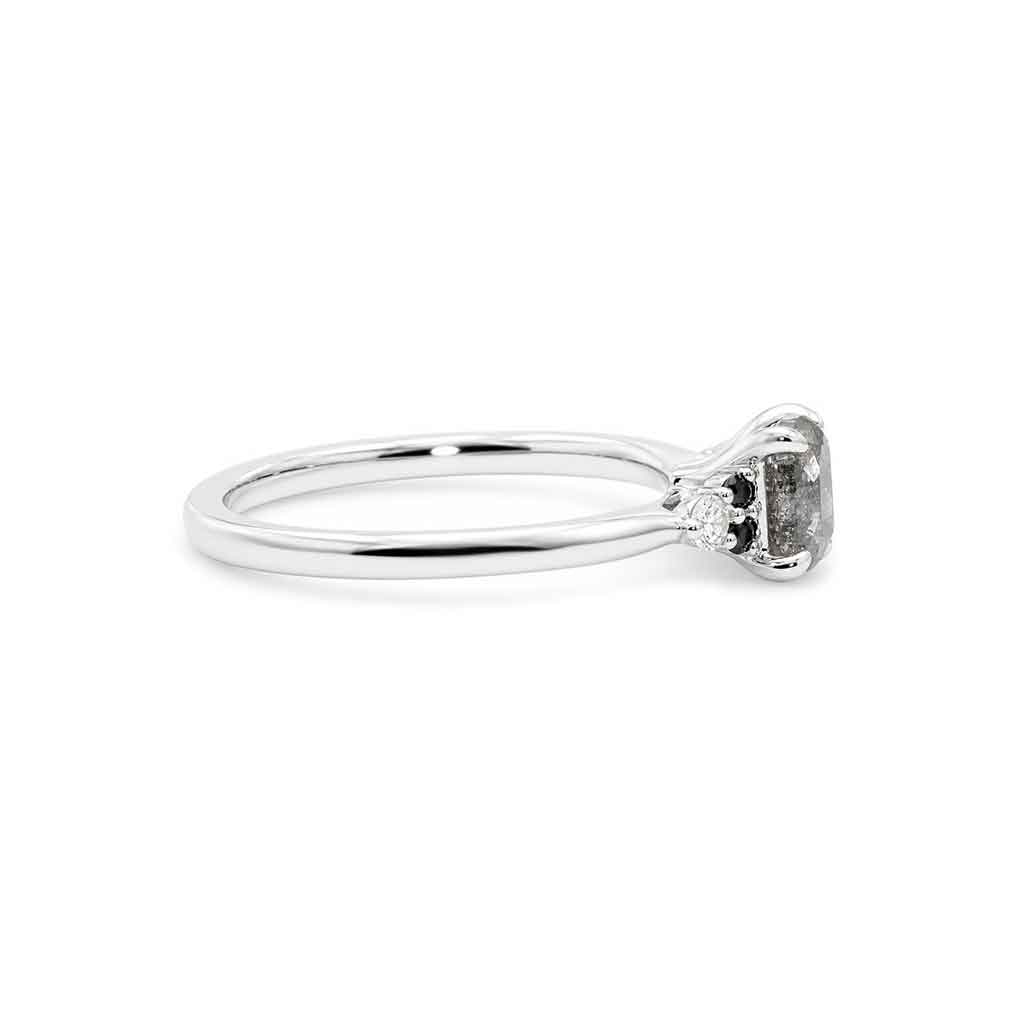 Salt and pepper diamond cluster engagement ring with black diamonds and white diamond accents, crafted in white gold by Sydney jeweller Lizunova