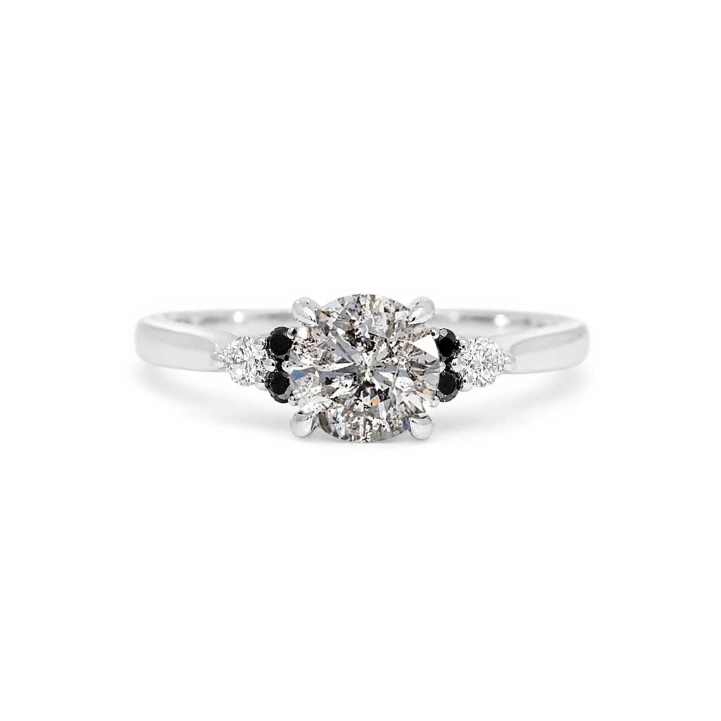Salt and pepper diamond cluster engagement ring with black diamonds and white diamond accents, crafted in white gold by Sydney jeweller Lizunova