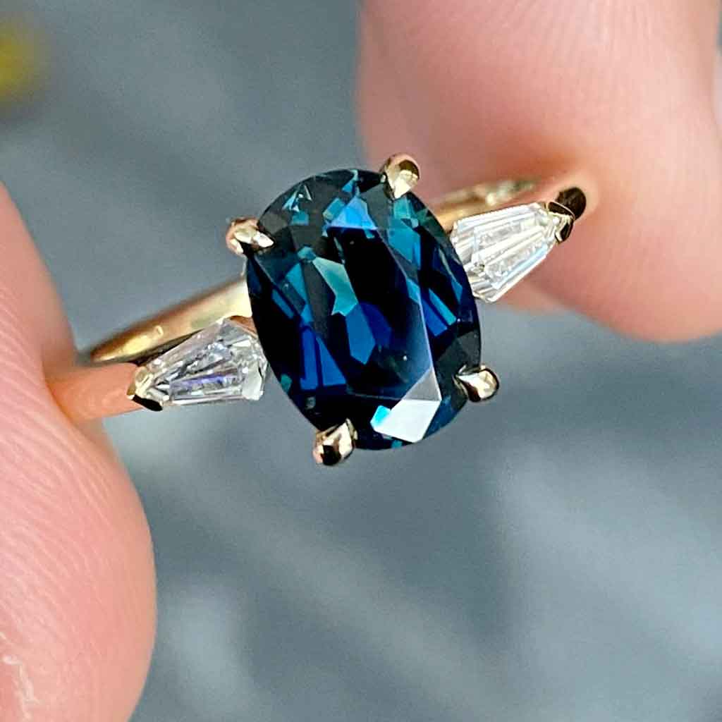 Perth-oval-teal-sapphire-diamond-shield-yellow-gold-engagement-ring-2-Lizunova-Fine-Jewels-Sydney-jeweller-NSW-Australia