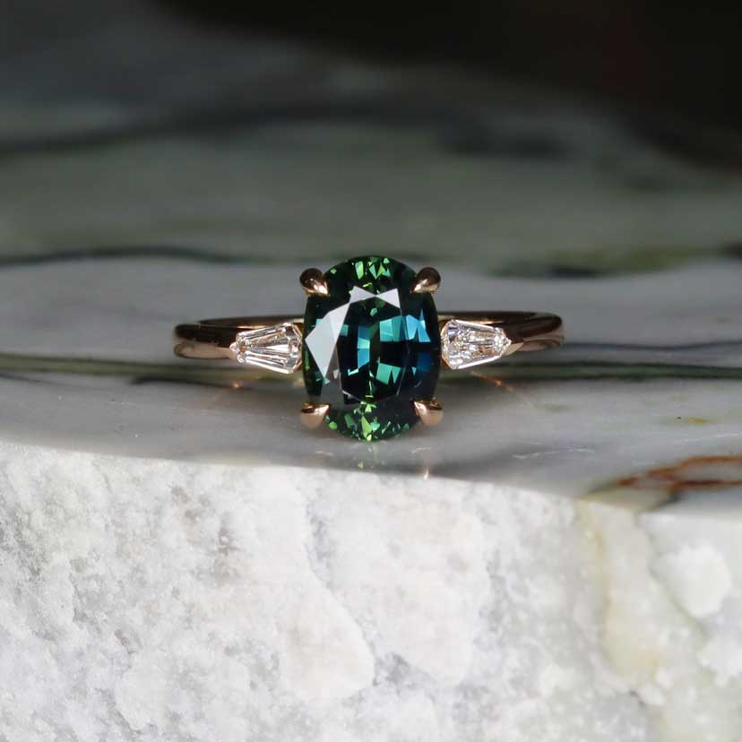 Australian Oval teal sapphire & diamond engagement ring in 18k rose gold, by Sydney jeweller Lizunova Fine Jewels