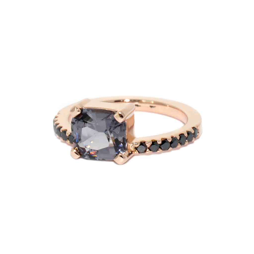 Grey spinel and black diamond engagement ring in rose gold by Sydney jeweller Lizunova
