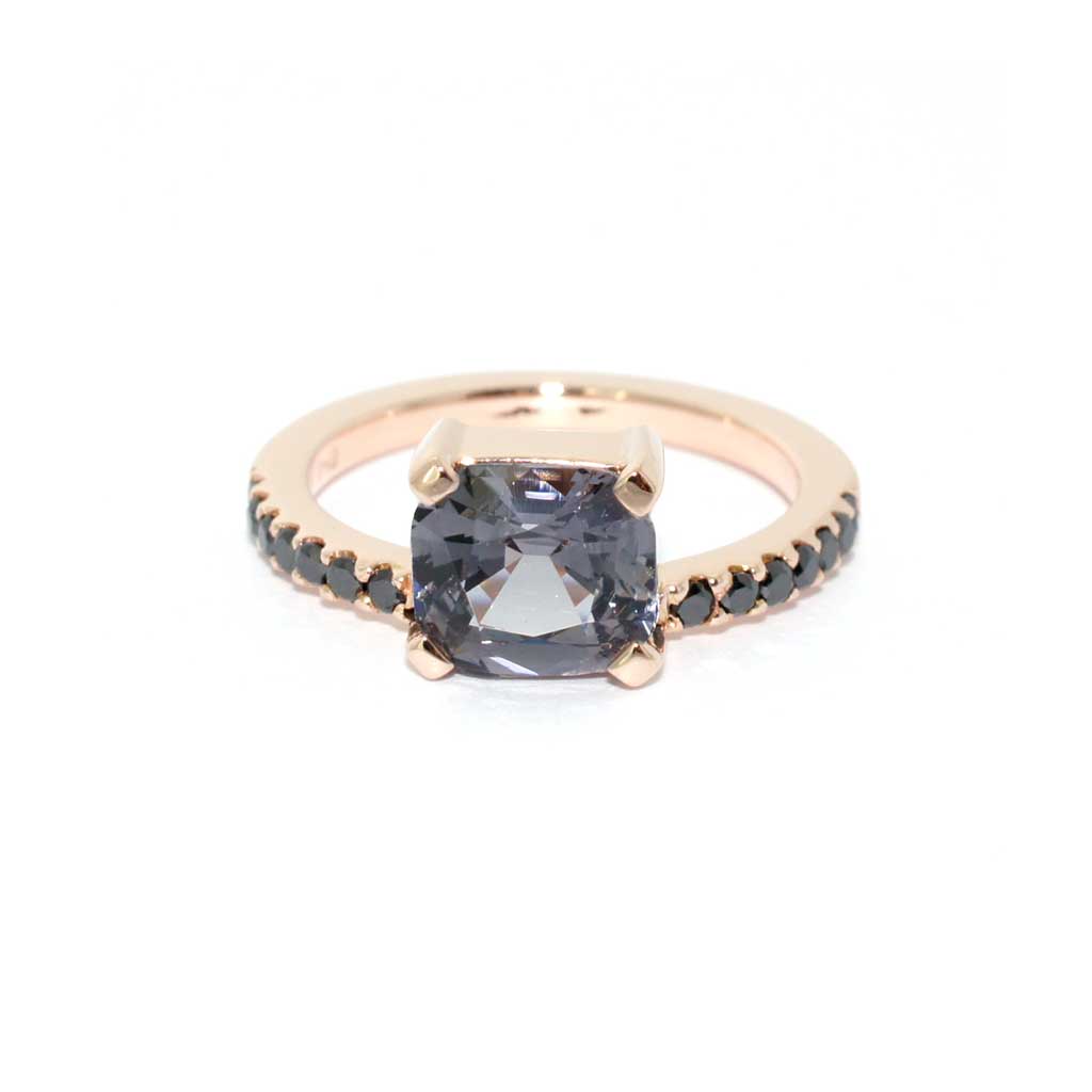 Grey spinel and black diamond engagement ring in rose gold by Sydney jeweller Lizunova