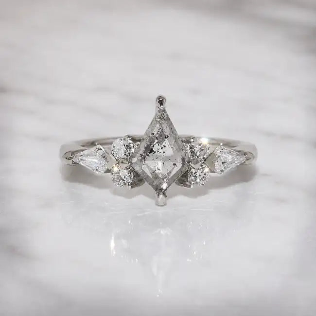 Salt and pepper diamond engagement ring with kite and round shaped gems by Sydney jeweller Lizunova Fine Jewels