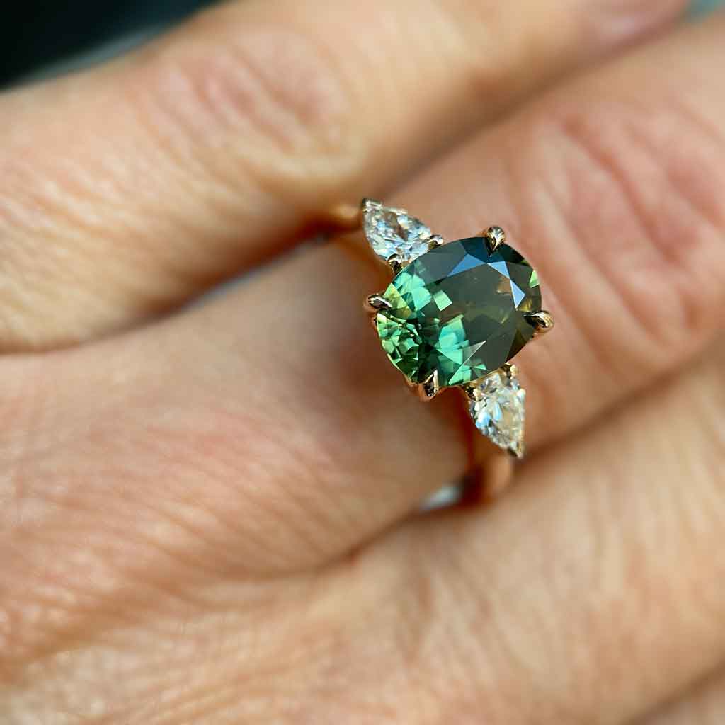 Oval Australian parti sapphire and diamond trilogy engagement ring with a tulip setting, handcrafted in Sydney by Lizunova