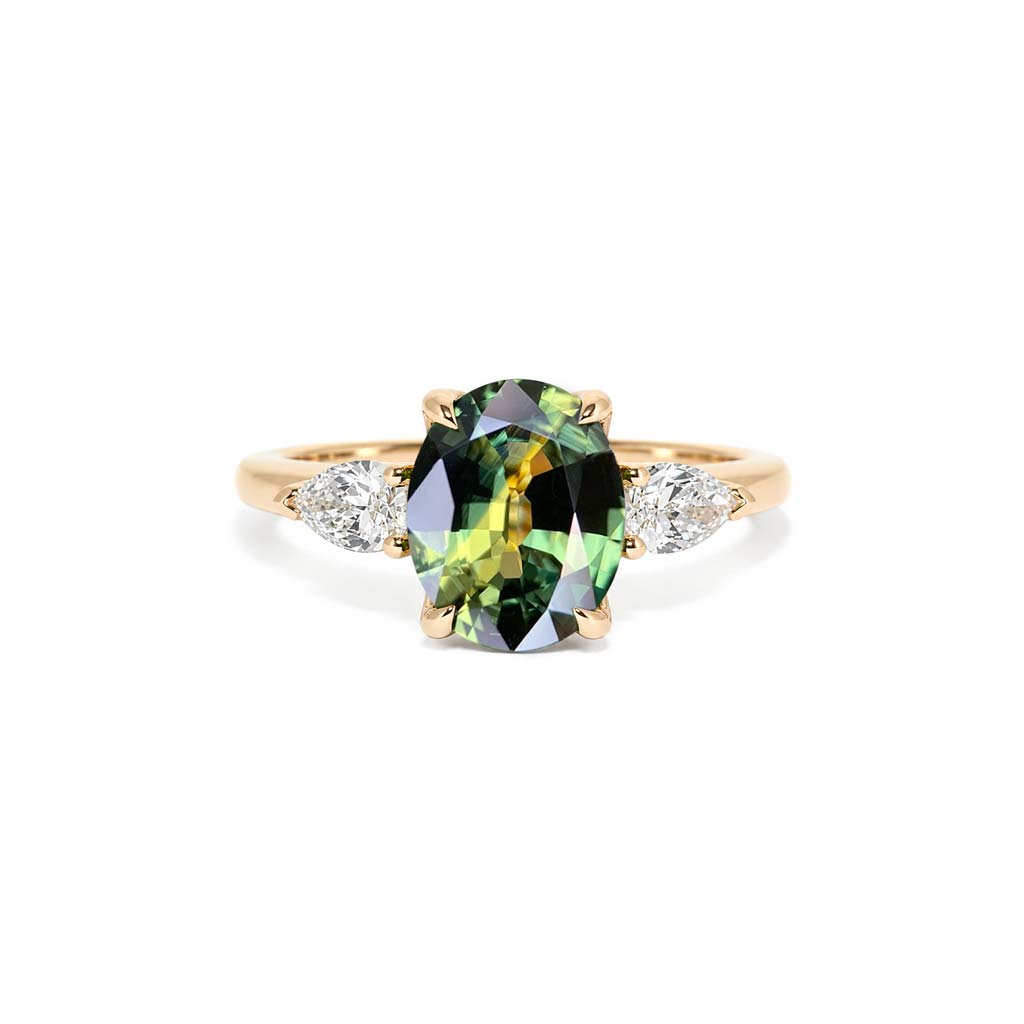 Oval Australian parti sapphire and diamond trilogy engagement ring with a tulip setting, handcrafted in Sydney by Lizunova