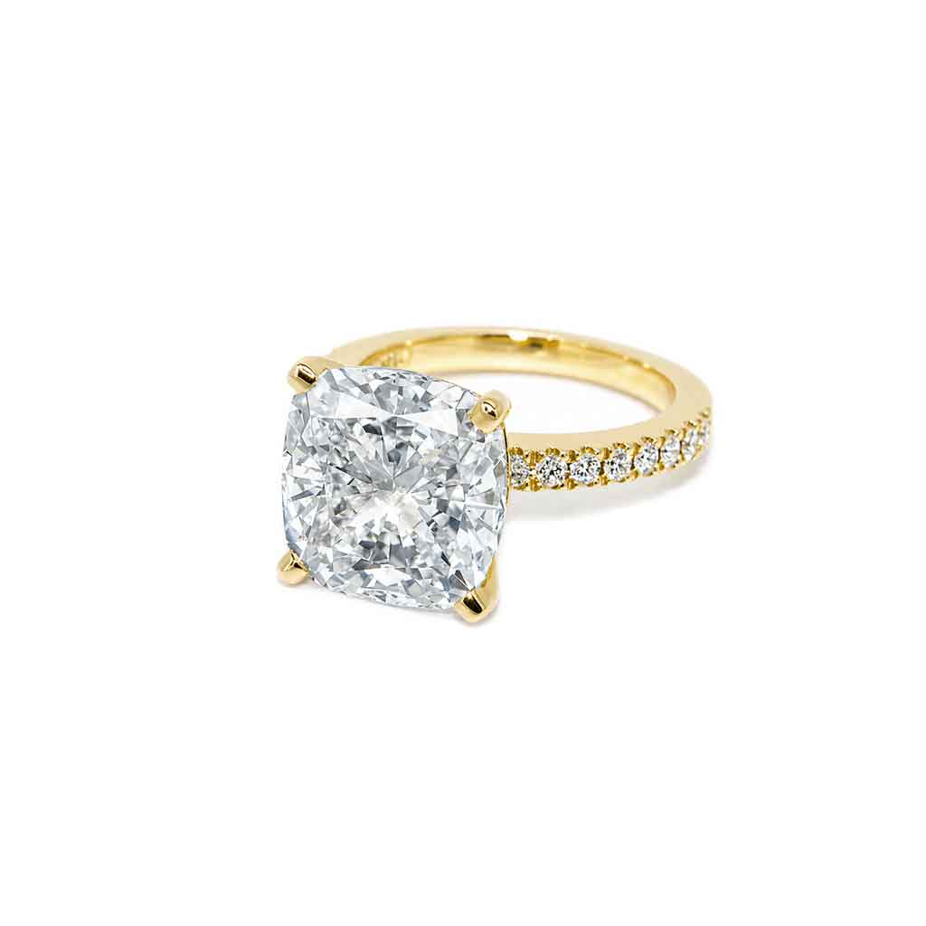 Venice - Cushion diamond engagement ring in 18k gold with a hidden diamond halo and diamonds in the band - Lizunova