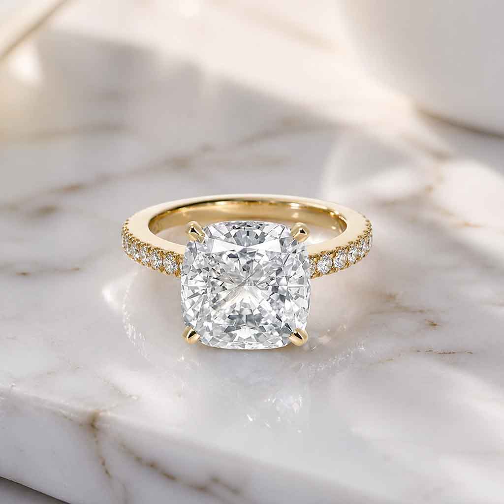 Venice - Cushion diamond engagement ring in 18k gold with a hidden diamond halo and diamonds in the band - Lizunova