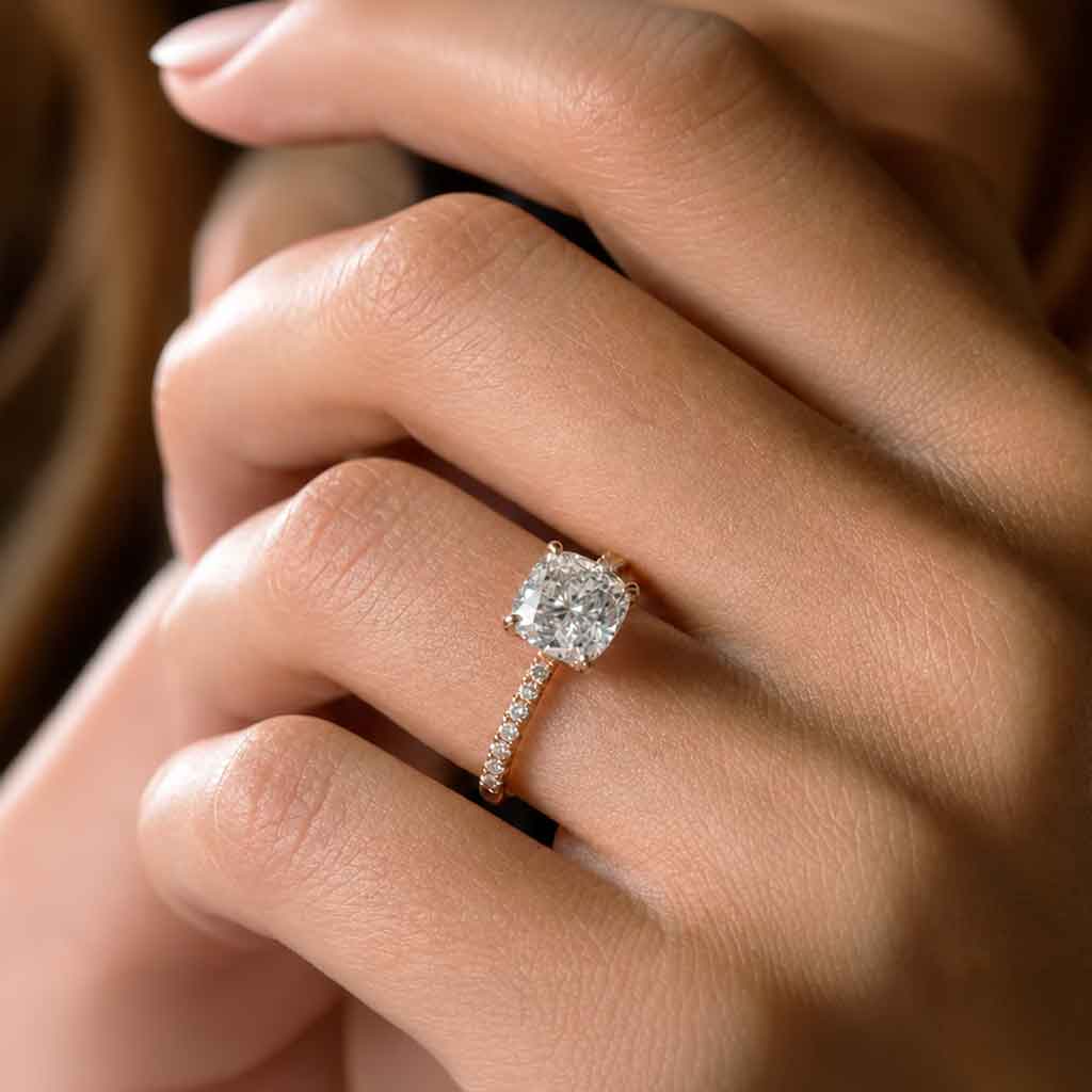 Venice - Cushion diamond engagement ring in 18k gold with a hidden diamond halo and diamonds in the band - Lizunova