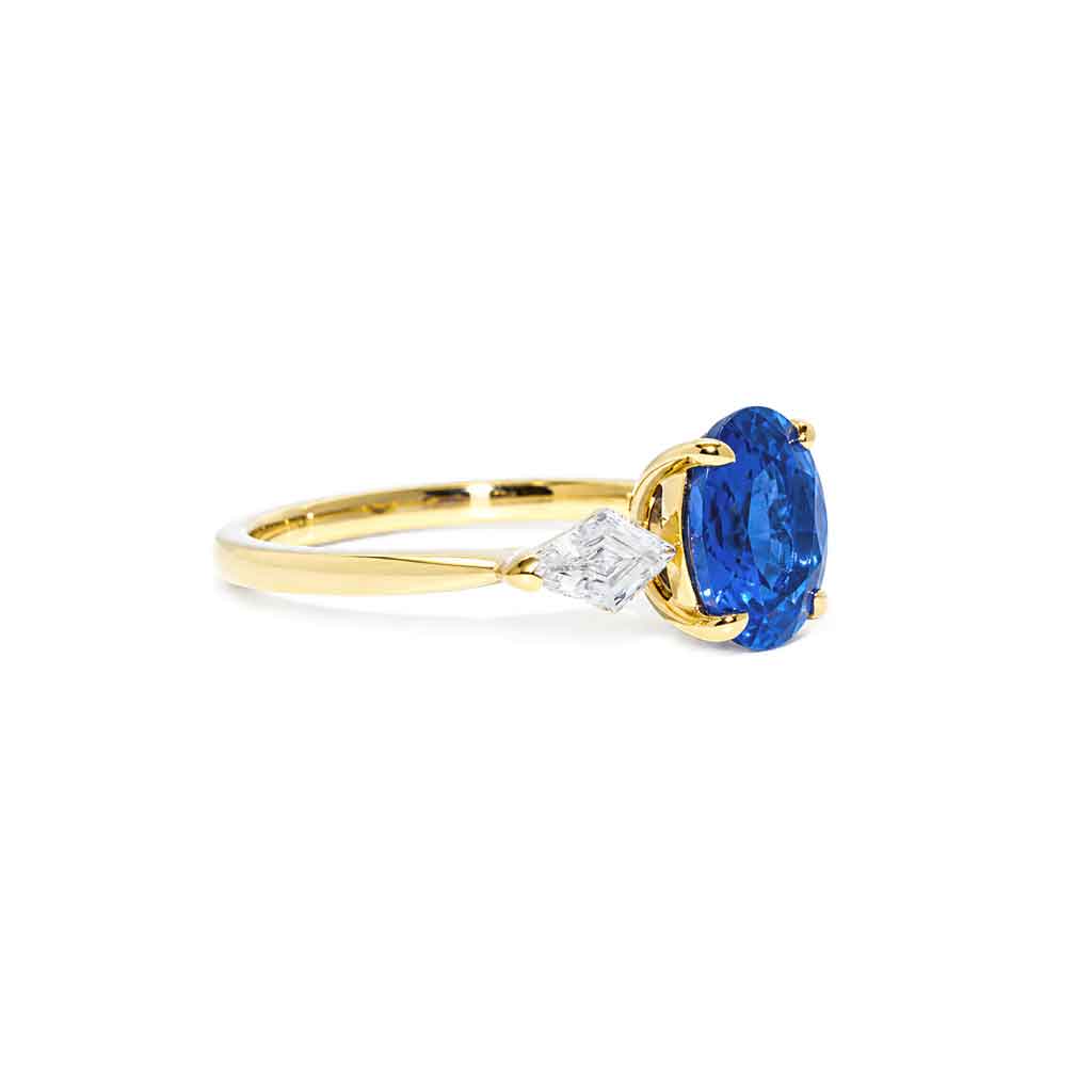 Oval cornflower blue Ceylon sapphire and kite diamond engagement ring, by Sydney jeweller Lizunova Fine Jewels, Australia