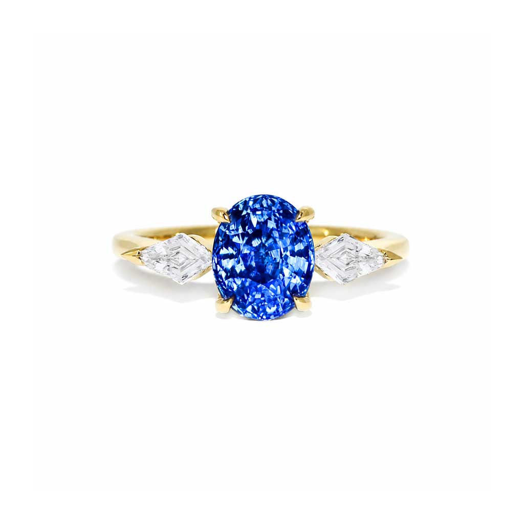 Oval cornflower blue Ceylon sapphire and kite diamond engagement ring, by Sydney jeweller Lizunova Fine Jewels, Australia