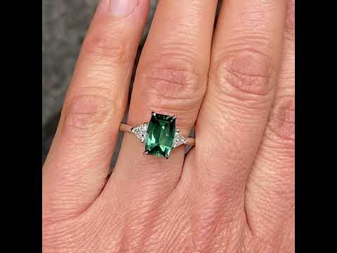 Nola barion cut Australian green sapphire and diamond engagement ring in platinum, Sydney jeweller Lizunova Fine Jewels, Australia