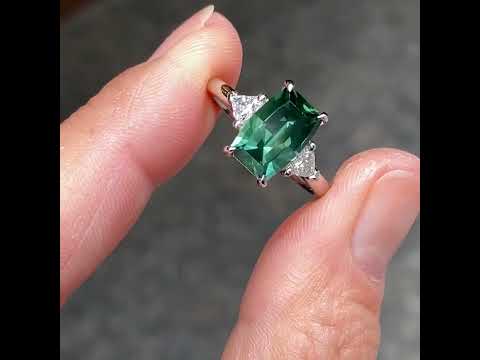 Nola barion cut Australian green sapphire and diamond engagement ring in platinum, Sydney jeweller Lizunova Fine Jewels, Australia