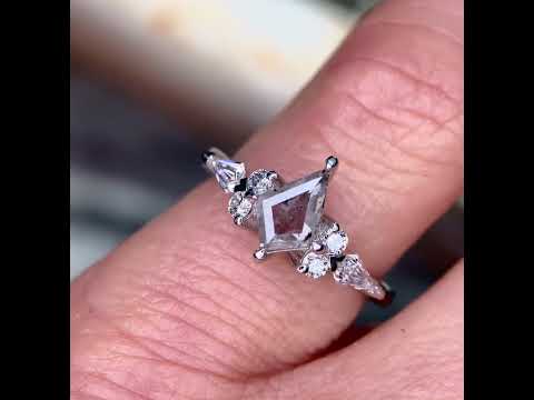 Kite shaped salt & pepper diamond engagement ring with round and kite white diamonds, handcrafted in Sydney in platinum