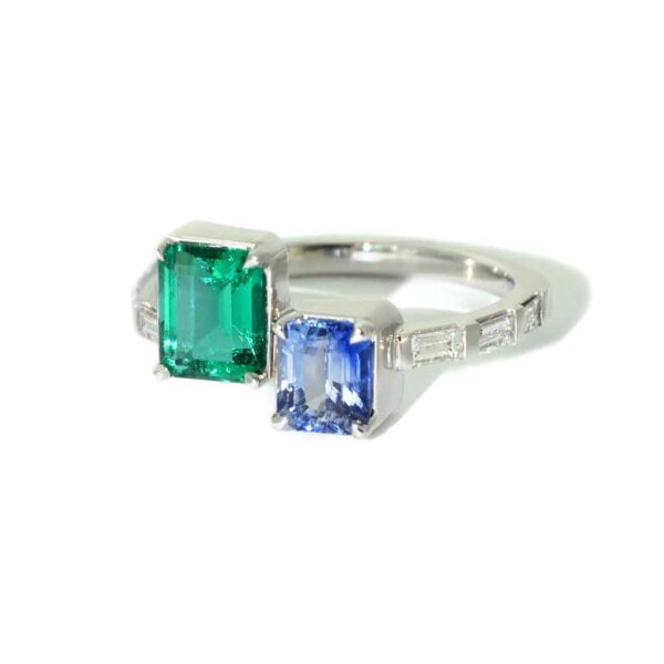 Bespoke emerald sapphire diamond toi et moi ring in white gold by Sydney jeweller Lizunova Fine Jewels