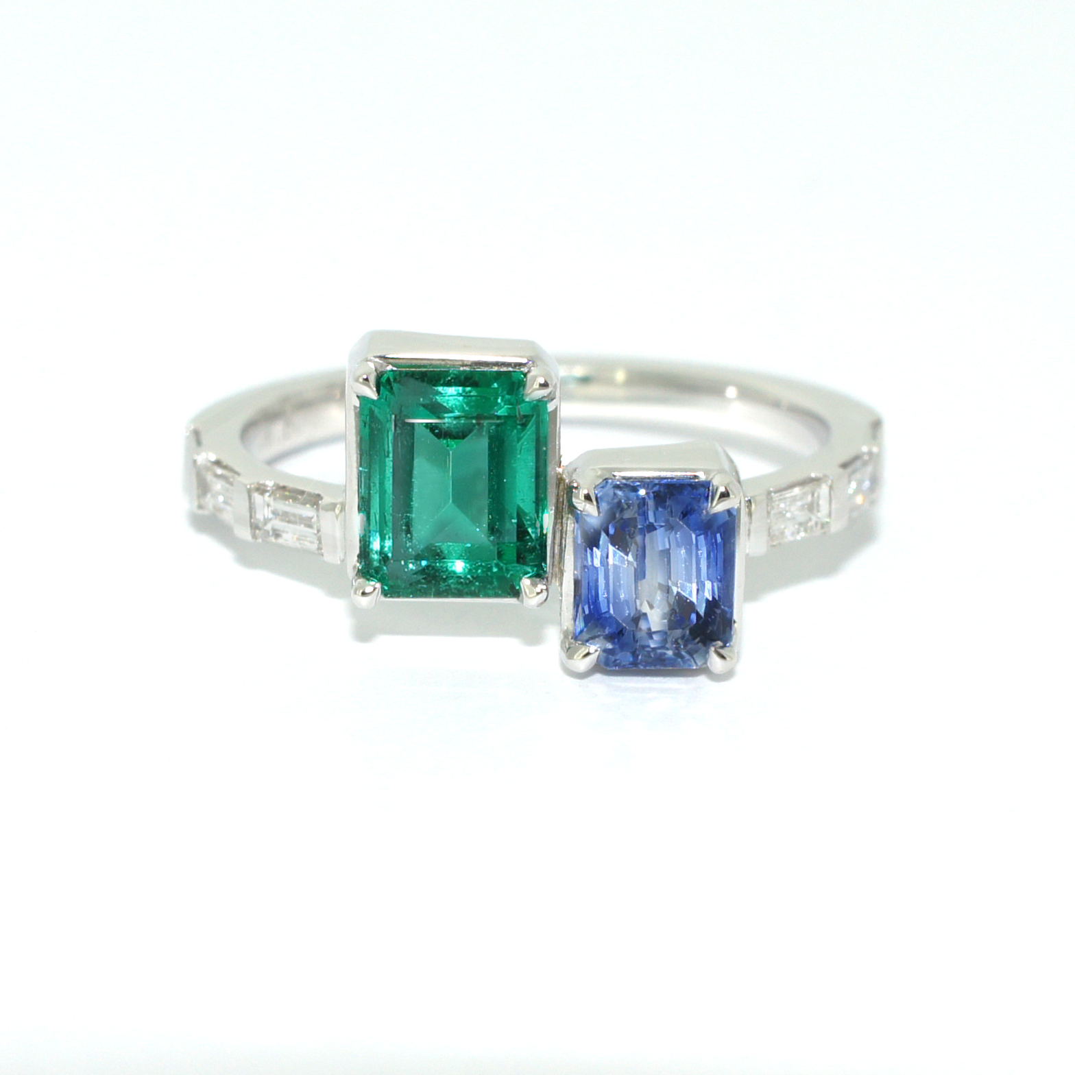Bespoke emerald sapphire diamond toi et moi ring in white gold by Sydney jeweller Lizunova Fine Jewels