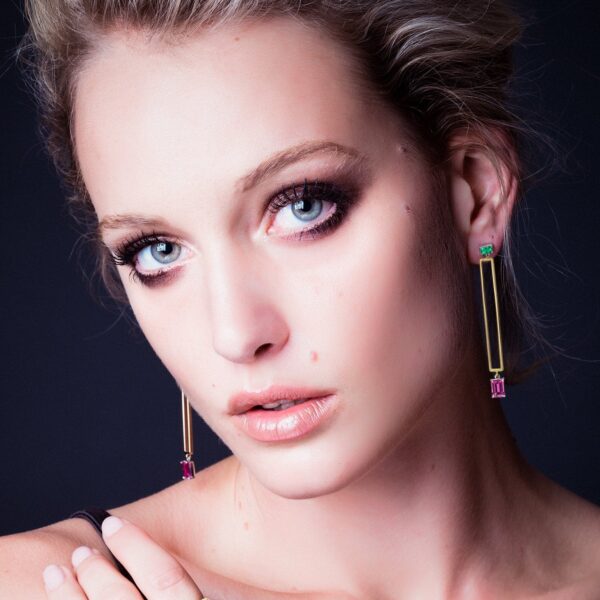 Manhattan-Emerald-Pink-Spinel-Earrings-art-deco-model-Lizunova-Fine-Jewels-Sydney-jeweller-NSW-Australia