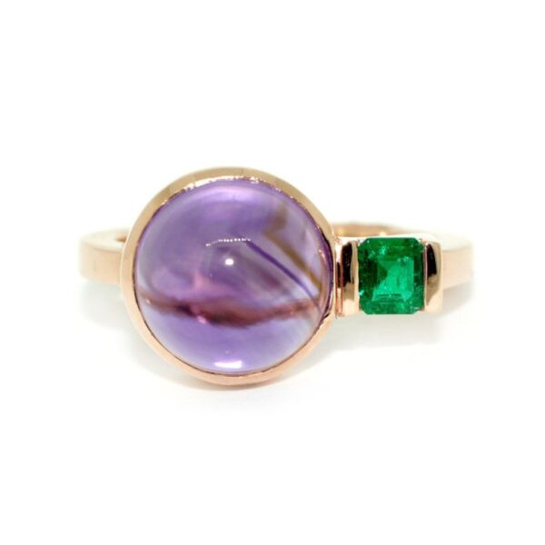 Art-Deco-dress-ring-emerald-amethyst-rose-gold-by-Sydney-jewellery-designer-Lizunova