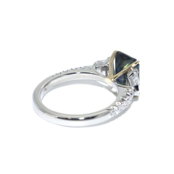 Australian parti teal emerald cut sapphire bespoke engagement ring Sydney jeweller Lizunova Fine Jewels Sydney Australia