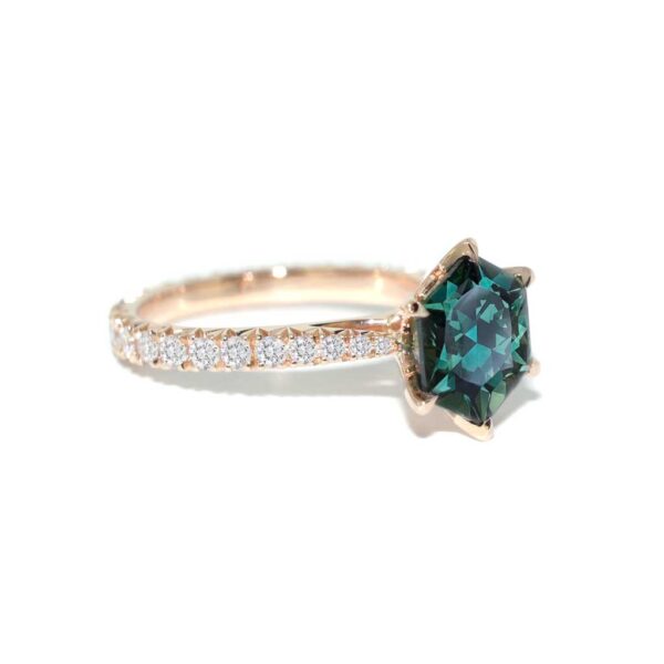 hexagon-teal-sapphire-diamond-french-pave-rose-gold-engagement-ring-sydney-jeweller-lizunova-australia