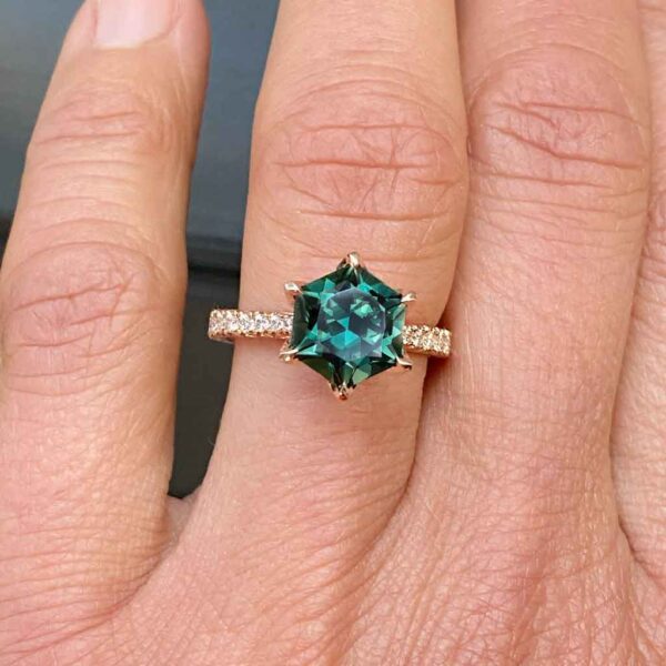 hexagon-teal-sapphire-diamond-french-pave-rose-gold-engagement-ring-sydney-jeweller-lizunova-australia