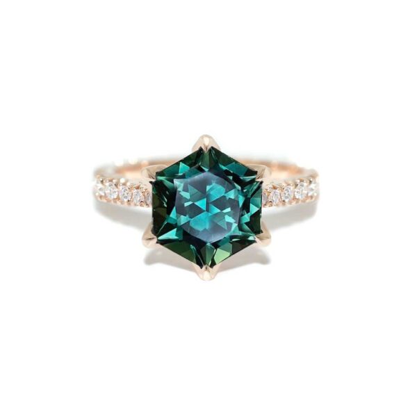 hexagon-teal-sapphire-diamond-french-pave-rose-gold-engagement-ring-sydney-jeweller-lizunova-australia