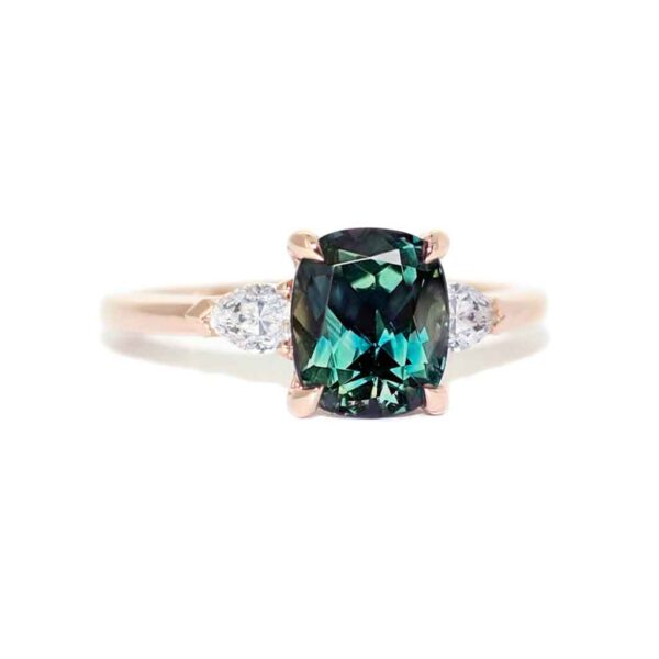 cushion-teal-sapphire-diamond-trilogy-rose-gold-engagement-ring-sydney-jeweller-lizunova-australia