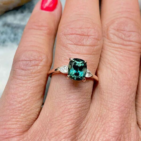 cushion-teal-sapphire-diamond-trilogy-rose-gold-engagement-ring-sydney-jeweller-lizunova-australia