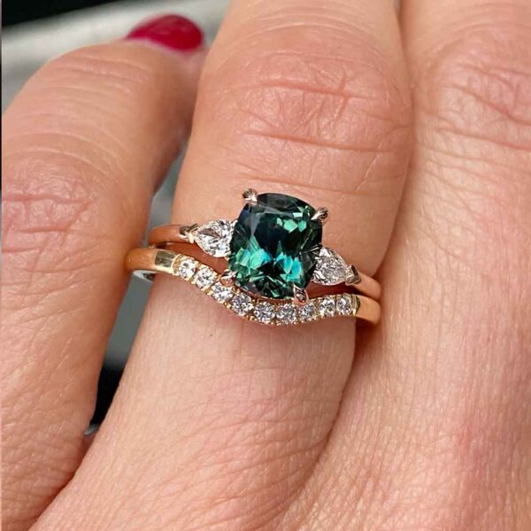 cushion-teal-sapphire-diamond-trilogy-rose-gold-engagement-ring-sydney-jeweller-lizunova-australia