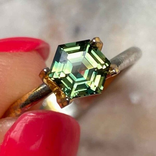 hexagon-Australian-light-green-parti-sapphire-engagement-ring-sydney-jeweller-lizunova-australia