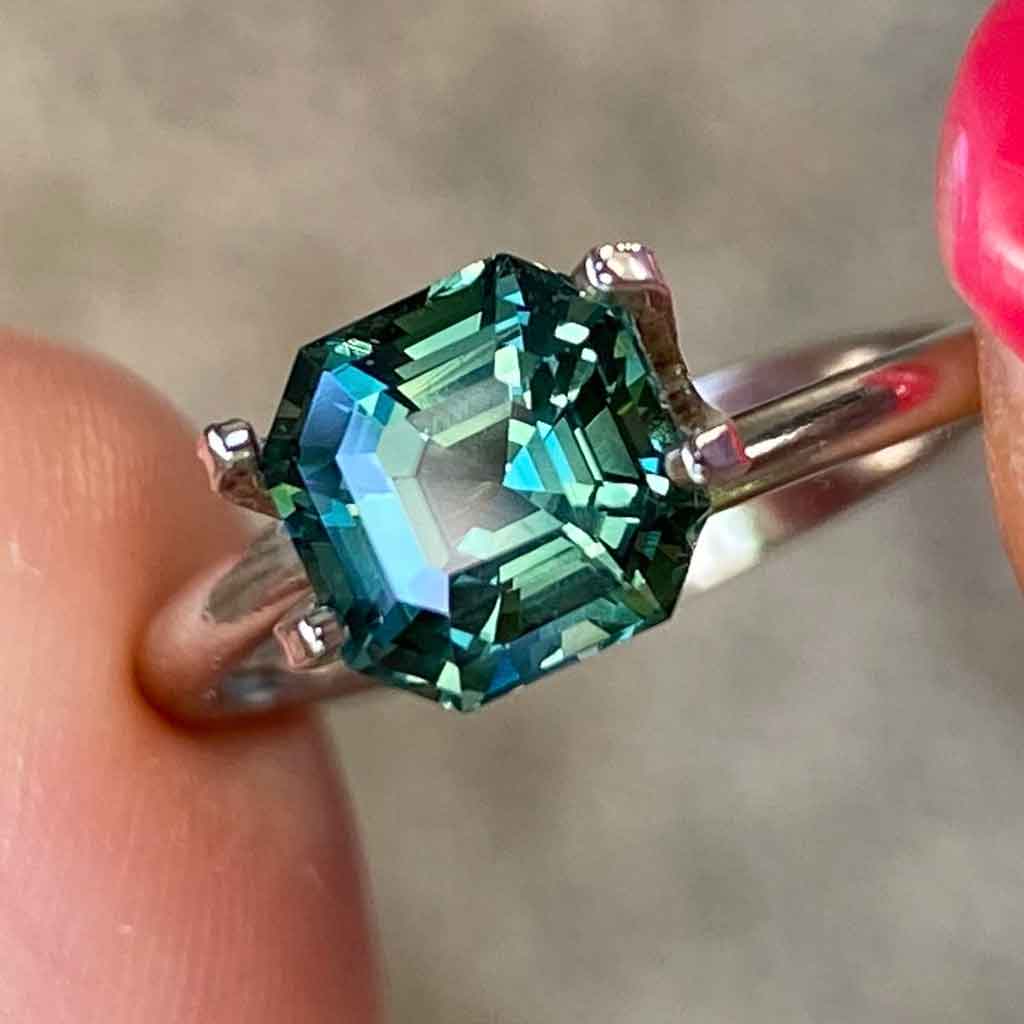 emerald-asscher-cut-teal-sapphire-custom-engagement-ring-Sydney-jeweller-Lizunova-Fine-Jewels